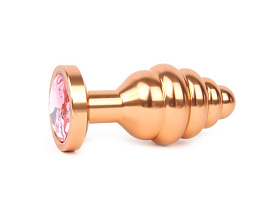 Анальная втулка рельефная золотистая с розовым кристаллом (S)