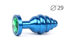 Анальная втулка рельефная голубая с зеленым стразом (S)