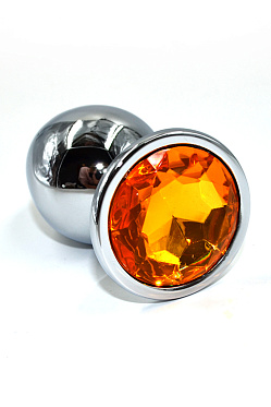 Анальная втулка классическая серебристая с оранжевым стразом (L)